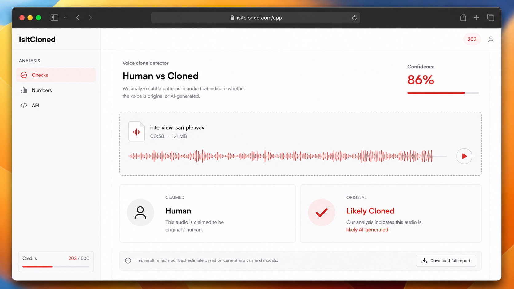 IsItCloned voice clone detector dashboard — upload audio and read cloned or human verdict